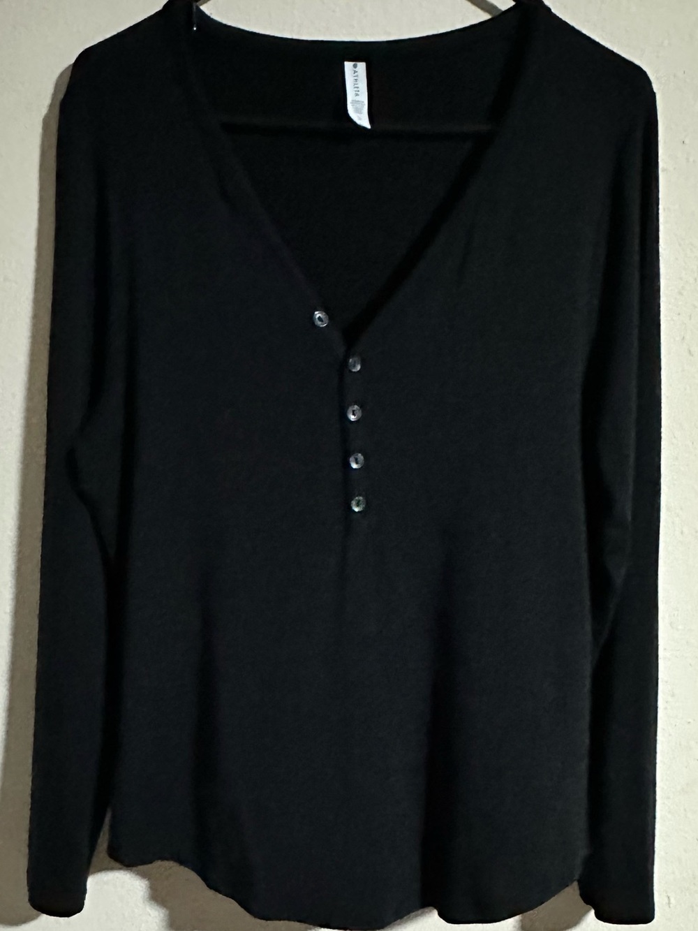 Athleta Black Long Sleeve Wind Down Sleep Henley Top
